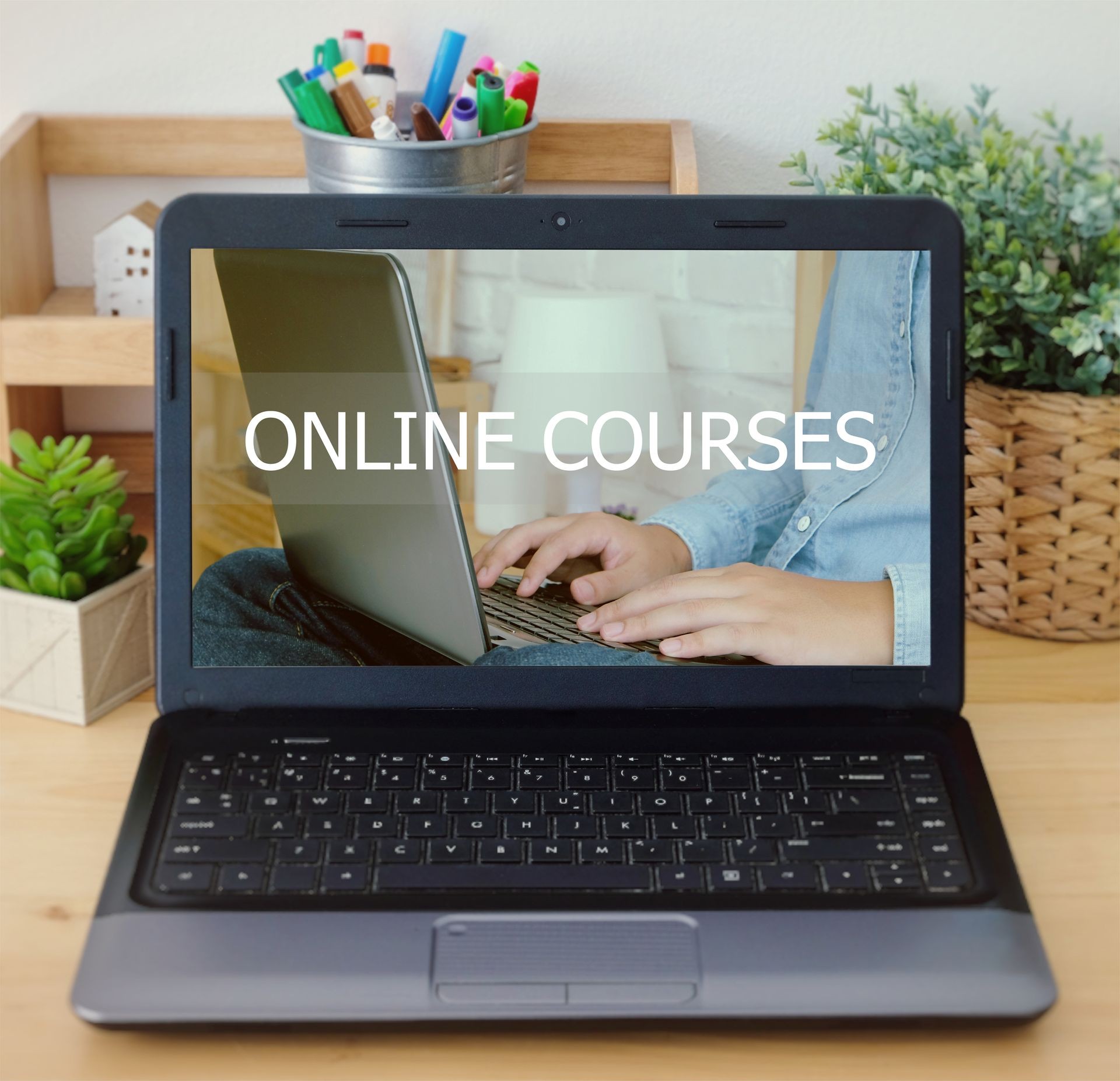 Online courses on laptop screen background, education, e-learning, technology, life style